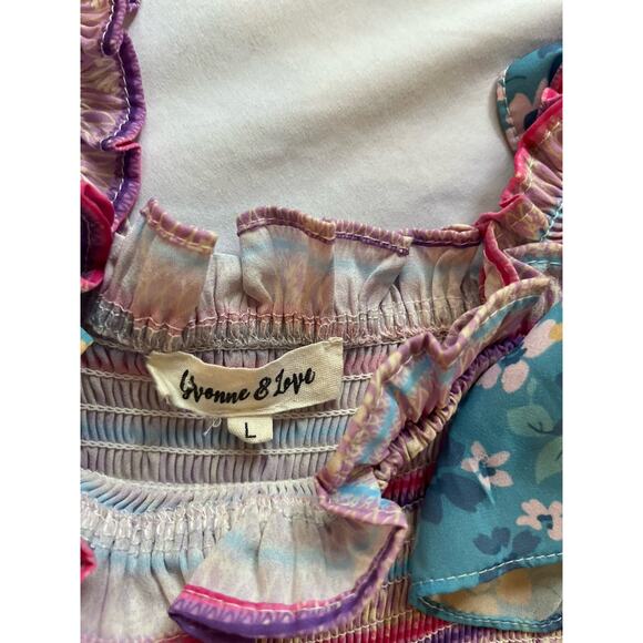 Yvonne & Love Bohemian Puff Sleeve Dress Lg Boho Ruffle Layered Hem Mini - Picture 6 of 9